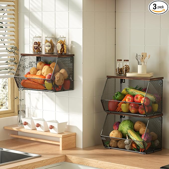 Litwaro Fruit Basket Wire Baskets with Wood Lid, Wall Mounted Produce Basket for Snack, Fruit and Vegetable Storage, Countertop Onion and Potato Storage, 3 Pack Stackable Kitchen Counter Organizer
