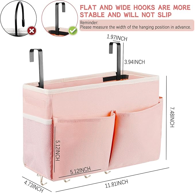 Bedside Storage Organizer 5 Pockets with 4 Hooks Hanging Storage Bag for Headboards/Bunk Bed (Pink)