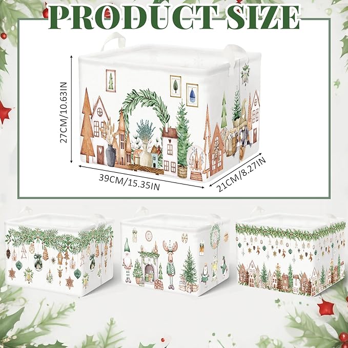 4 Pack Christmas Storage Bin Collapsible Large Christmas Storage Baskets for Gifts Xmas Tree Canvas Laundry Basket Foldable Box with Handle for Office Home Bedroom Clothes Toys Holiday Decor