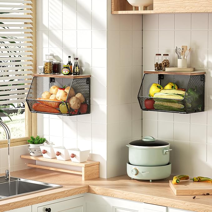 Stackable Fruit Basket for Kitchen Countertop Space Saving, Wall Mounted Mesh Metal Wire Baskets with Wood Lid Extra Storage, 2 Pack Kitchen Counter Organizer for Snack, Onion and Potato Storage