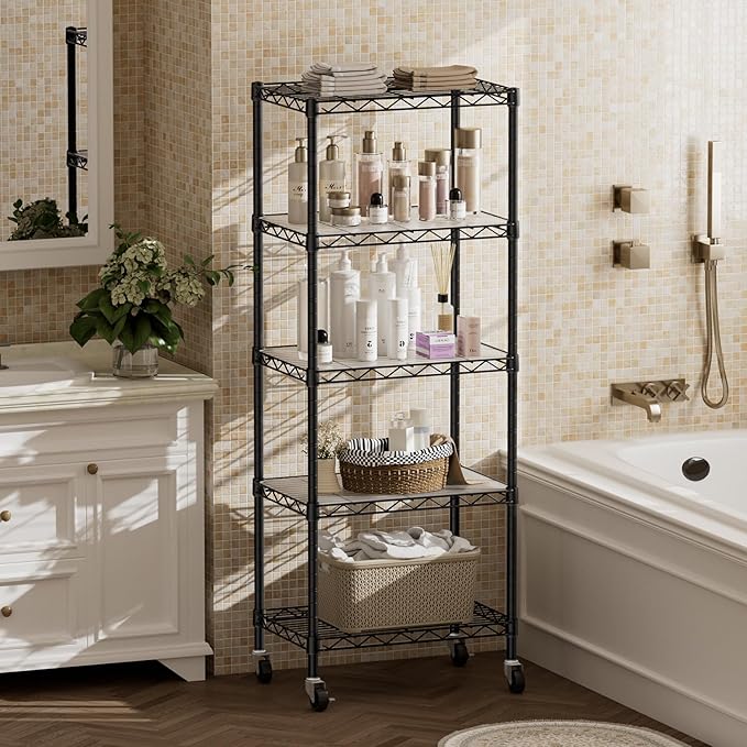 SINGAYE 5 Small Shelf Storage Wire Shelves Closet Bathroom Organizers Metal Pantry Kitchen Garage Shelving Unit Laundry Room Organization Home Narrow Rack Net Basket with Wheels Black