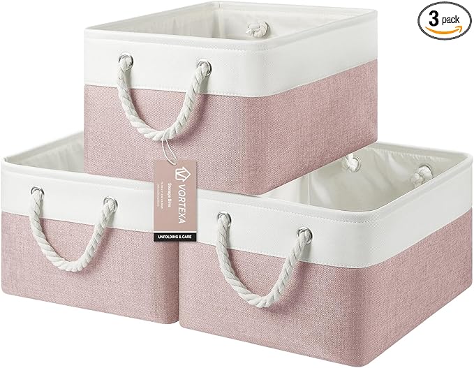 Large Storage Baskets- 15.7x11.8x8.26 inch Storage Bins for Shelves and Closet Organizing, Foldable Fabric Bin for Home Organization Clothes and Laundry (3-Pack, White&Pink)
