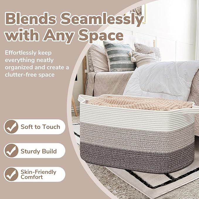 Goodpick Large Woven Storage Basket, 21.6"x14.9"x11.8", Blanket Storage for Bedroom and Living Room, Rectangle Rope Baskets for Storage, White Brown