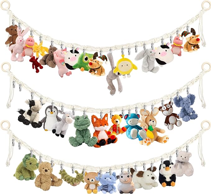 3PCS Hanging Stuffed Animal Storage - Boho Stuffed Animal Hammock Corner for Room Decor, Macrame Stuff Animal Organizer with 60 Metal Clips for Plushies Storage