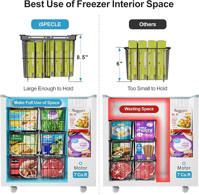 iSPECLE Freezer Organizer Bins - 3 Pack with Freezer Inventory List Board, Adjustable Width for 5 to 7 Cu.Ft Chest Freezers, Stackable Deep Freezer Bins, Assembly Required, Black