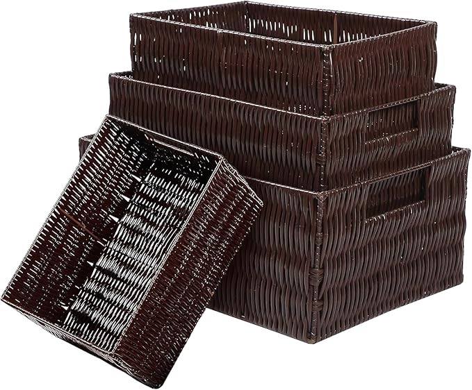 Elevon Plastic Wicker Basket Set of 4, Handmade Storage Basket for Organizing with Handles, Storage Bins for Home Kitchen Countertop, Shelf Organizer, Waterproof, Coffee