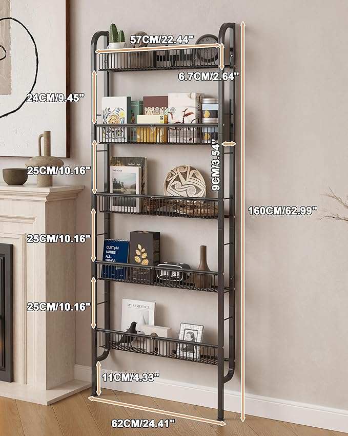 UMDONX Behind The Door Bathroom Shelf Narrow 5-Tier, Space-Saving Slim Storage Shelf Narrow Shelving Unit for Bathroom and Kitchen Black