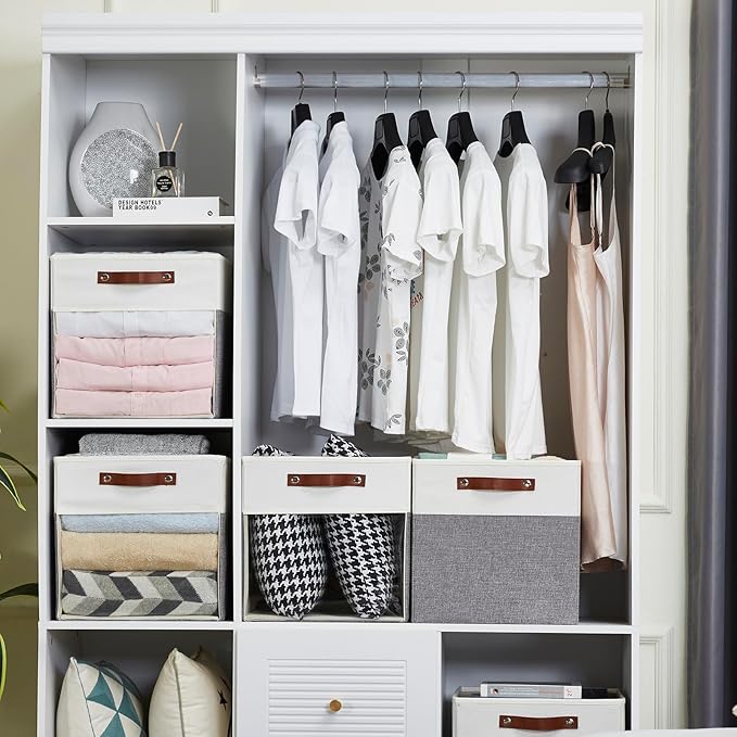 Storage Cubes, 4 Pack Linen Foldable Storage Bins (13 x 13 inch) with Clear Window and 2 Handles, Closet Organizers and Storage for Shelf Closet, Clothes, Books - (Gray and White)