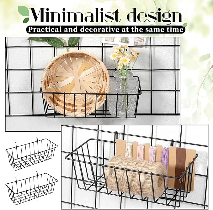 10 PCS Wall Grid Panel Hanging Wire Basket, Storage and Display Basket, No Drilling Wall Hanging Baskets, Grid Walls Accessory, for Kitchen Bathroom Home Decor Supplies, Black