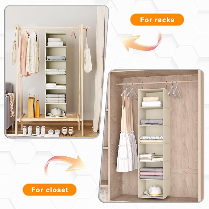 Hanging Closet Organizer, Easy Mount Foldable 6-Shelf Hanging Closet Wardrobe Storage Shelves, Clothes Handbag Shoes Accessories Storage, Washable Oxford Cloth Fabric, Beige