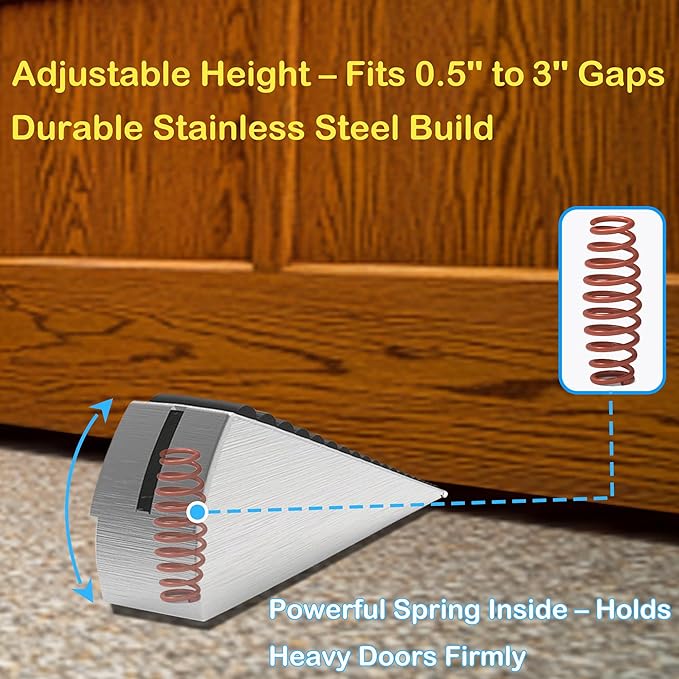 Heavy Duty Door Stopper, 4-Pack Spring Door Stoppers with Rubber Doorstop & Strong Grip, Adjustable Door Stop for Heavy Doors, Non-Slip Metal Wedges for Home/Office (2 Large + 2 Small)