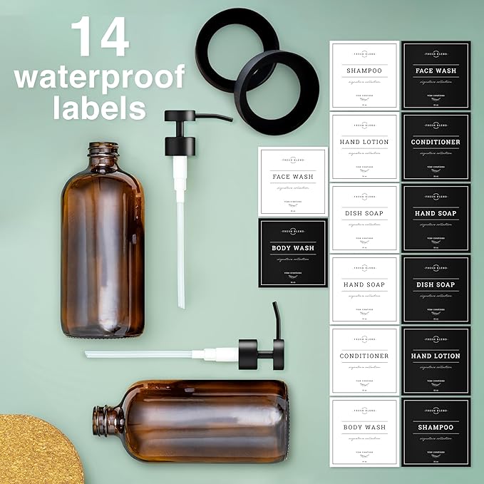 Vine Creations Amber Glass Soap Dispenser Set - Kitchen Soap Dispenser Set with Stainless Steel Pump - 16 oz Dish Soap and Hand Soap Dispensers for Bathroom with Silicone Pad & Waterproof Labels