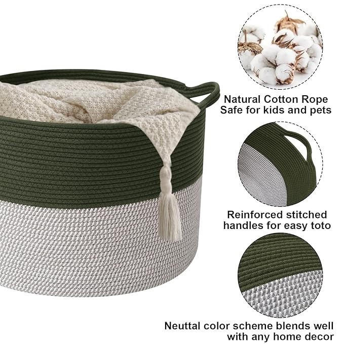 115L Large Blanket Basket,23.6" L x 23.6" W x 15.7" H Rope Woven Baskets with Handles, Toys Storage Bins,Laundry Basket Perfect for Living Room, Nursery,Bedroom,Home Organization,Green&White