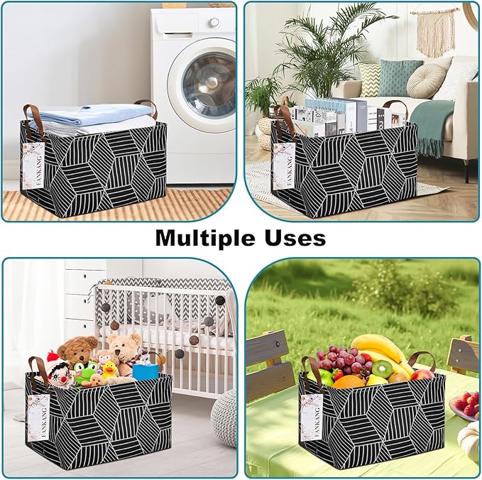 FANKANG Storage Basket,Nursery Hamper Canvas Laundry Basket Foldable with Waterproof PE Coating Storage, Office, Bedroom, Clothes,Toys (Rec-Black Cube)