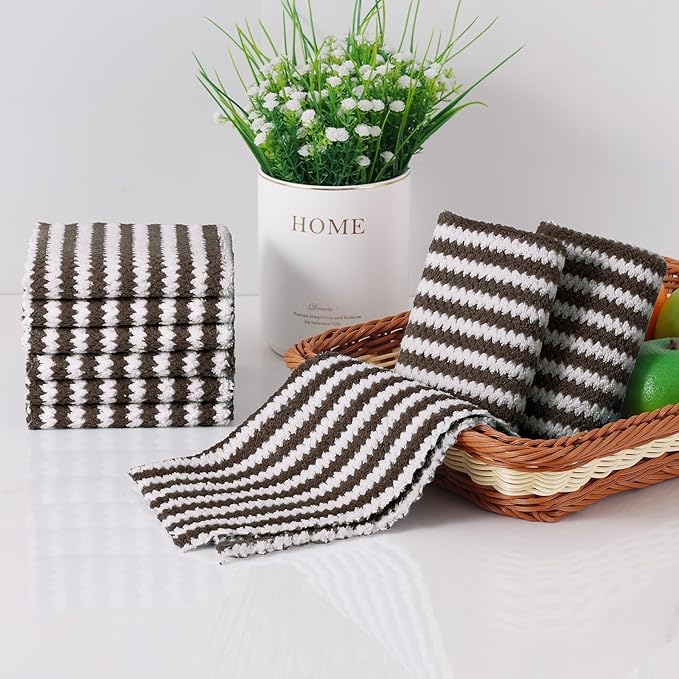 Homaxy 12 Pack Kitchen Dish Cloths, Ultra Soft and Absorbent Dish Towels, Reusable Fast Drying Microfiber Cleaning Cloth, Coral Velvet Wave Design No-lint, 10 x 10 inches, Brown