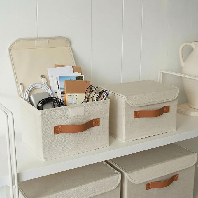 Decorative Linen Storage Boxes with Lids - Spacious Set of 2 Organizer Bins for Your Home Decor - The Perfect Small Container to Safely Store Photos, Documents and Memory Box Keepsakes in Style