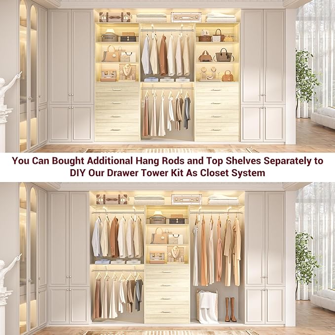 Aheaplus Closet Drawers Organizer System, 21.3" Wood Closet System with 4 Drawers, Modular Walk-in Closets Storage Unit, Tall Bookshelf Storage Cabinet, White Oak