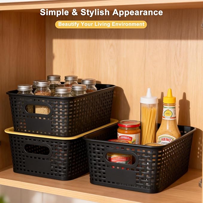 AREYZIN Plastic Storage Bins with Lid,Stackable Storage Bins and Storage Baskets for Shelves,Small Baskets for Organizing, Small Storage Bins,10.2x7.2x4.1 Inch,6-Pack, Black