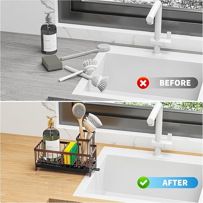 Cisily Brown Sponge Holder for Kitchen Sink, Sink Caddy Organizer with High Brush Holder, Kitchen Countertop Organizers and Storage Essentials, Rustproof 304 Stainless Steel, Soap Dispenser Organize
