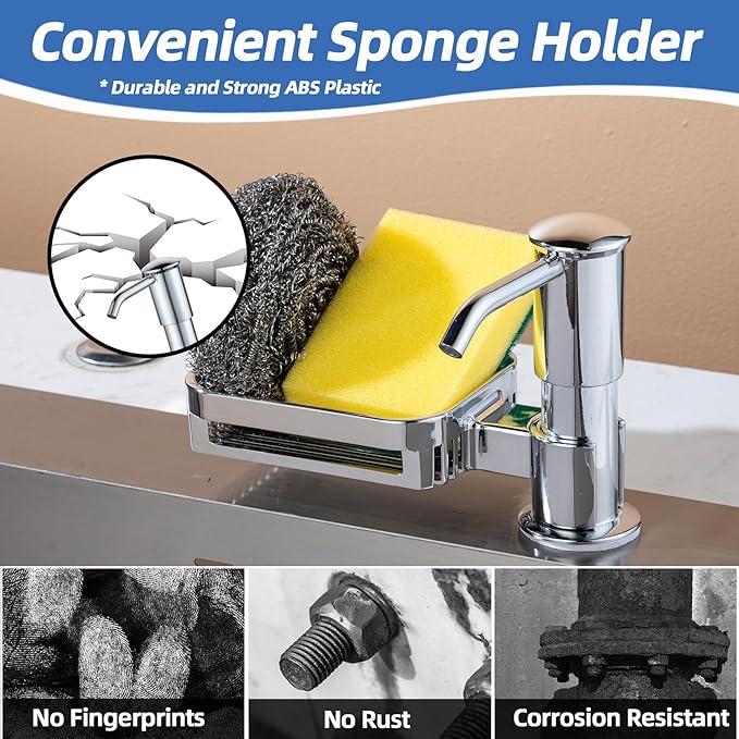 Soap Dispenser for Kitchen Sink with Sponge Holder, Built in Soap Dispenser Pump, Under Counter ABS Pump Head with 38" Extension Tube Kit, Good Suction Power, Chrome
