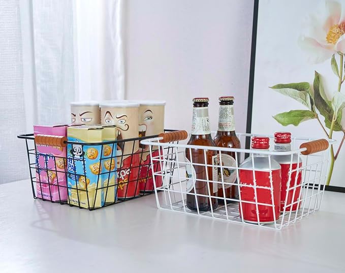 Wire Kitchen Storage Basket 4 Packs,Perfect Pantry Organization Accessories Baskets,Laundry Basket,With a Wooden handle,Suitable for Kitchen,Bathroom,Bedroom,Tabletop,Stackable,Black