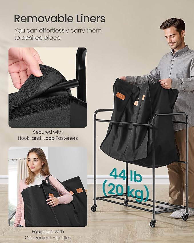 SONGMICS 4-Section Laundry Sorter, Laundry Hamper with Wheels, Rolling Clothes Hamper Cart with Large Capacity and Removable Bags, for Laundry Room, Bedroom, Bathroom, Ink Black URLS460B01