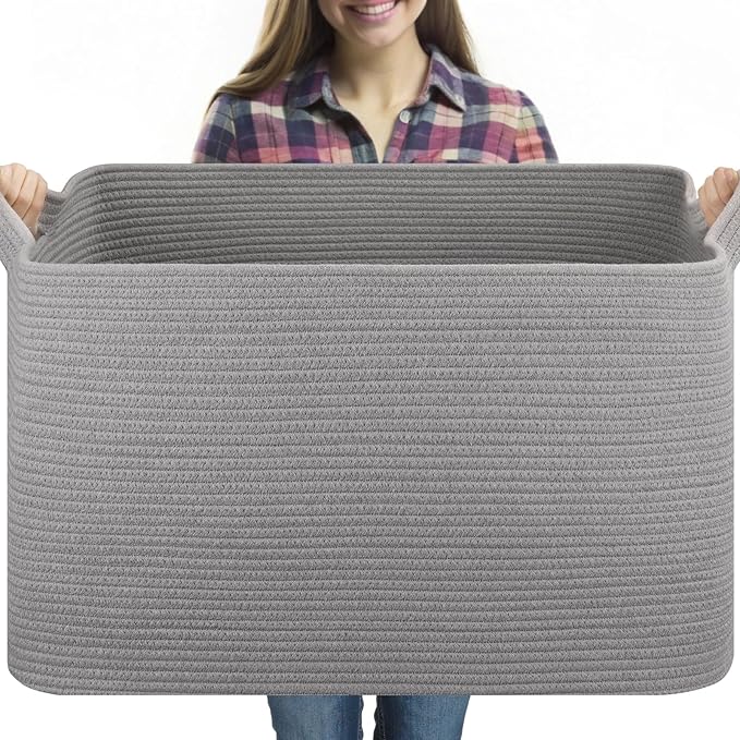 Extra Large Blanket Basket, 24" x 16.9" x 14.2" Woven Storage Basket for Living Room, Rectangle Nursery Blanket Storage for Toys, Towels, Dirty Clothes (Light Grey)