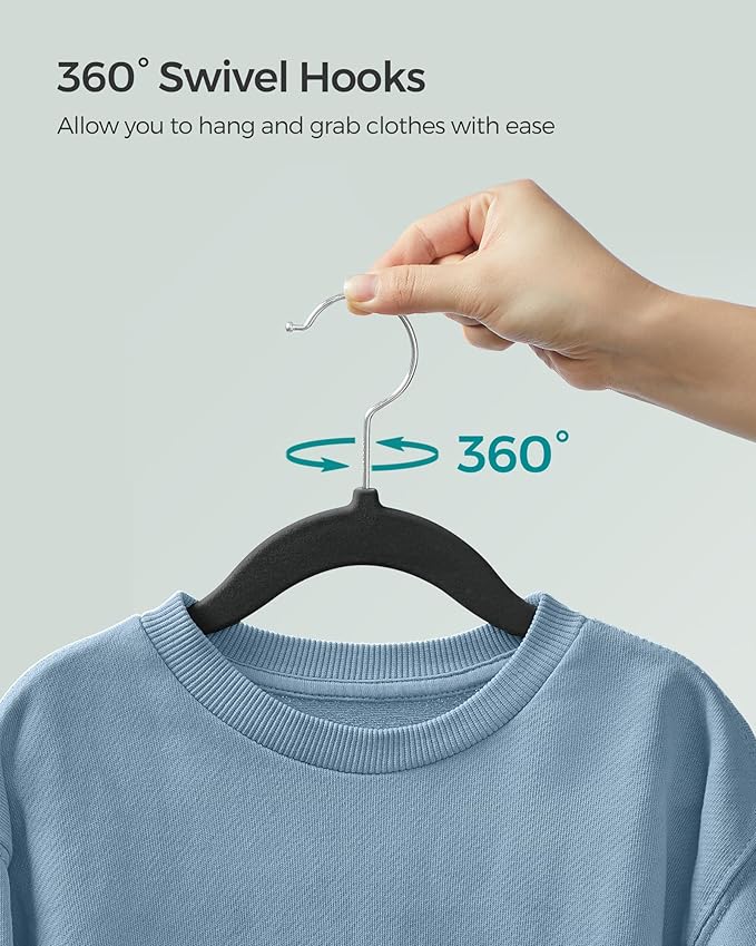 SONGMICS Baby Kids Hangers 50 Pack for Closet, 11.8 x 8.1 Inches, Silver 360° Swivel Hooks, Space-Saving Clothes Velvet Hangers for Nursery, Non-Slip, Ink Black UCRF027B05