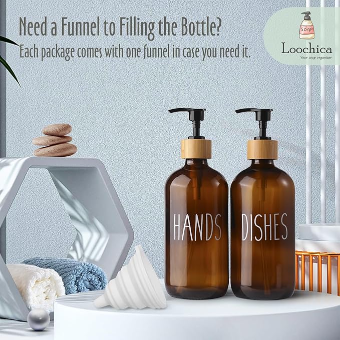 2 Pack Amber Glass Soap Dispenser with Plastic Pump, Brown Dish and Hand Soap Dispenser Set, Refillable Reusable Apothecary Soap Pump Dispenser Bottles for Bathroom and Kitchen