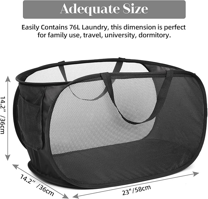 2 Pcs Durable Collapsible Laundry Baskets - Reinforced Mesh Pop Up Laundry Hamper with Pocket, Foldable Dirty Clothes Hamper with Carry Handles for Laundry, Bathroom, Kids Room, Dorm or Travel Black