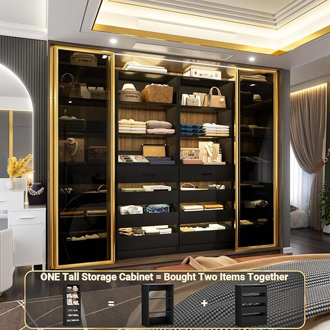 Aheaplus 21.3" Closet System with 4 Drawers, Wood Closet Organizer with Open Shelves, Modular Drawers System Tower, Walk-in Small Wardrobe Rack, Tall Storage Cabinet Unit, Black