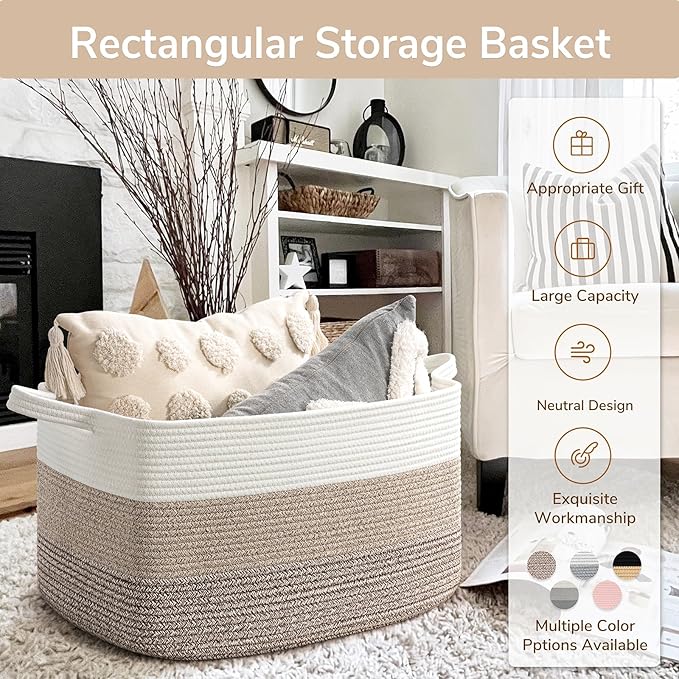 Goodpick Large Woven Storage Basket, 21.6" x 14.9" x 11.8" Rectangle Rope Baskets for Toy Storage, Blanket Basket for Living Room, Bedroom, Light Brown