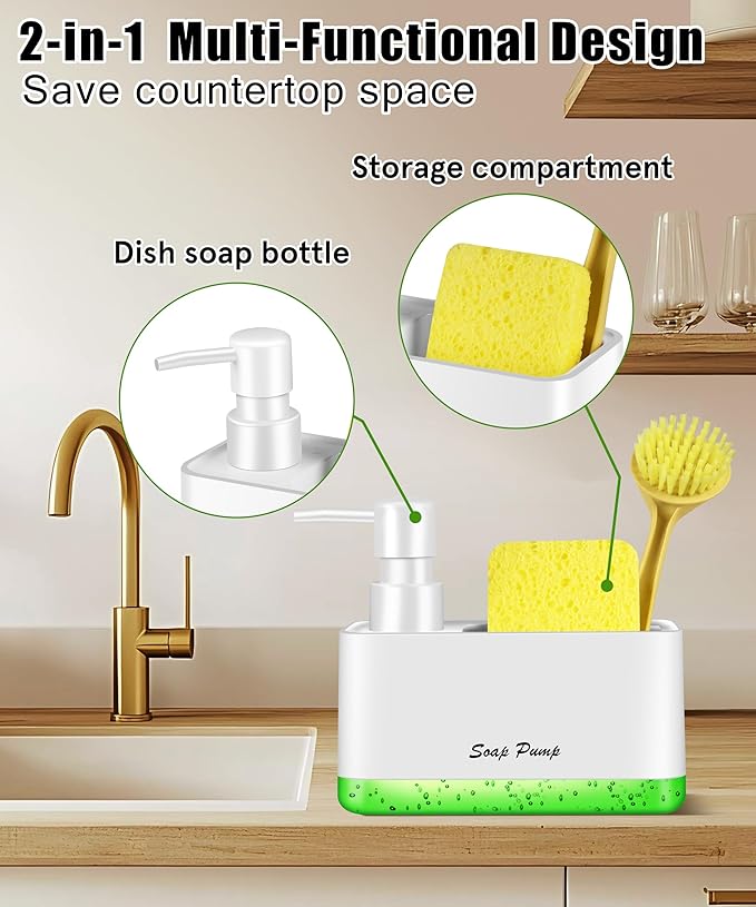 Dish Soap Dispenser with Sponge Holder, 2-in-1 Countertop Small Soap Dispenser for Kitchen and Bathroom, Multi-Scene for Dish Soap, Hand Soap, Lotion, Body Wash (White)