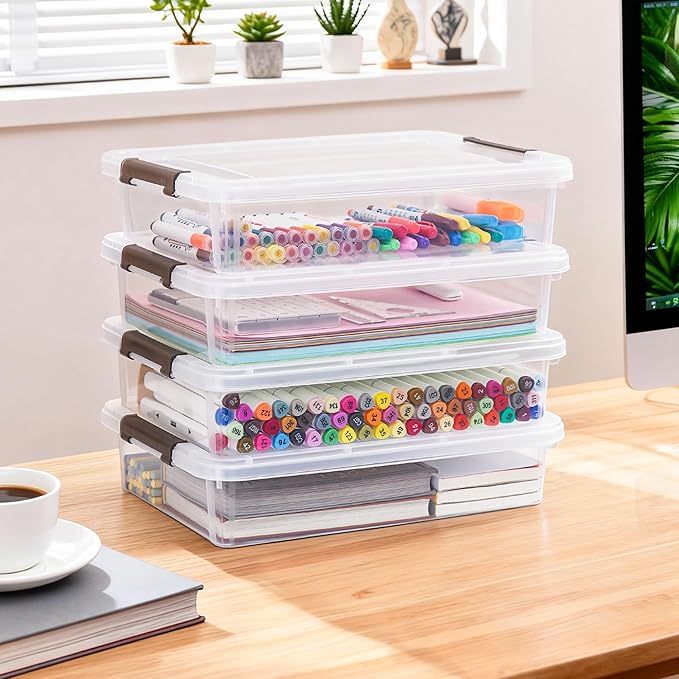 Citylife 5 Packs Clear Storage Bins with Lids,6 Quart Plastic Container Bins for Organizing,Clear File Box Stackable Storage Containers for Home, Office, School, and Scrapbook Clear White