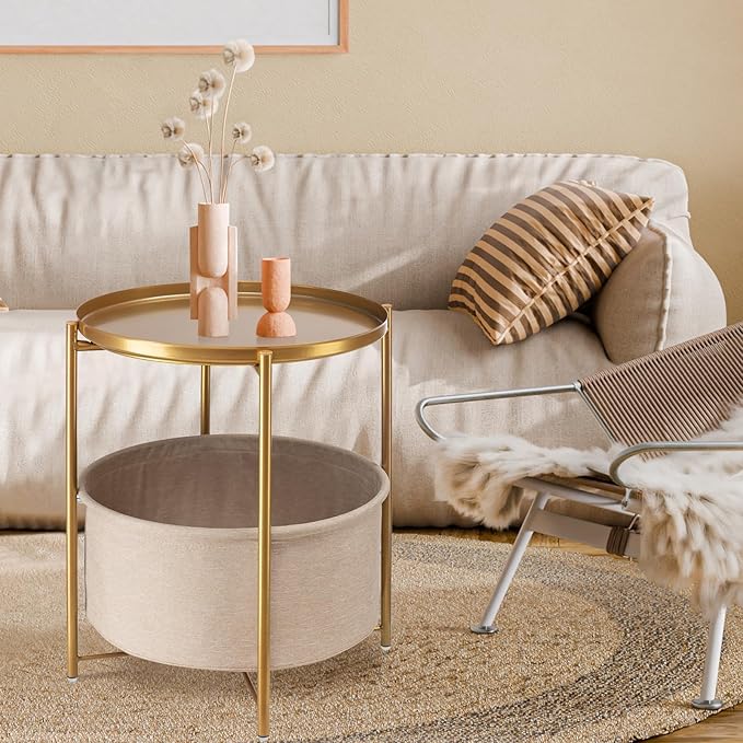 danpinera Round Side Table with Fabric Storage Basket, Pack of 2, Metal Side Table Small Bedside Table Nightstand with Removable Tray Top for Living Room, Bedroom, Nursery, Laundry, Gold