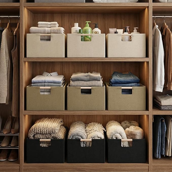 Foldable Fabric Storage Basket for Shelves, Linen Decorative Storage Bin with Wooden Handles, Small Organizer Cube for Closet, Rectangle Canvas Box for Organizing, Decor, 15x10.6x6 Inches (Brown)