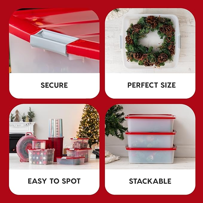 IRIS USA 33 Quart Christmas Wreath Storage Container Box with Lid, 3-Pack, Stackable Under Bed Storage Organizer Bin with Latching Buckles for 20" Wreaths Christmas Decorations Garlands, Clear/Red