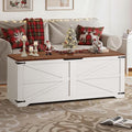 DWVO Storage Bench, 47.2" Farmhouse Storage Chest with 2 Safety Hinges, Wooden Utility Organizer, Shoe Bench for Entryway, Bedroom, Living Room, White and Walnut