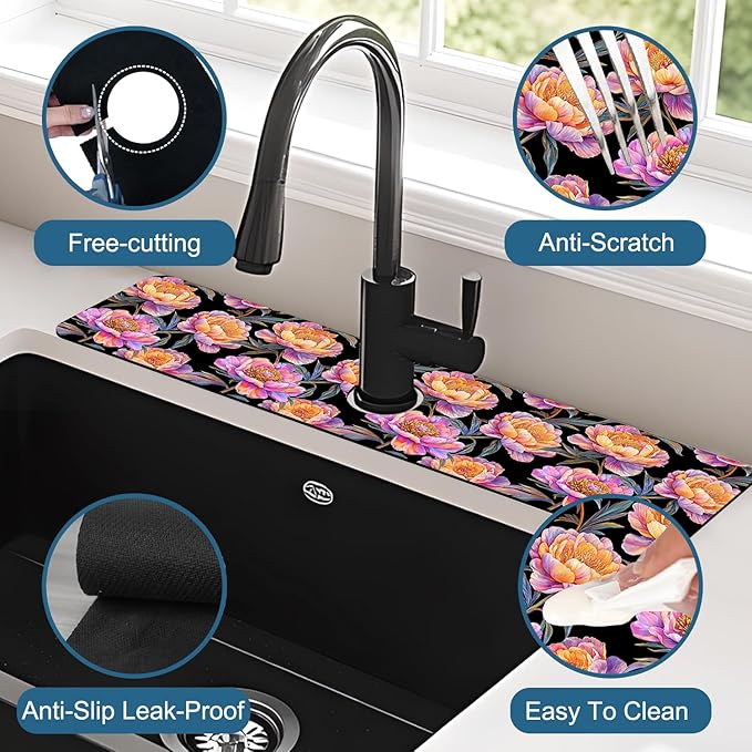 Colorful Peonies Sink Faucet Absorbing Mat Blooming Peonies Super Absorbent Fast Drying Mat Sink Gadgets Behind Faucet Sinkmat for Kitchen Bathroom, 23.5"x5.5"