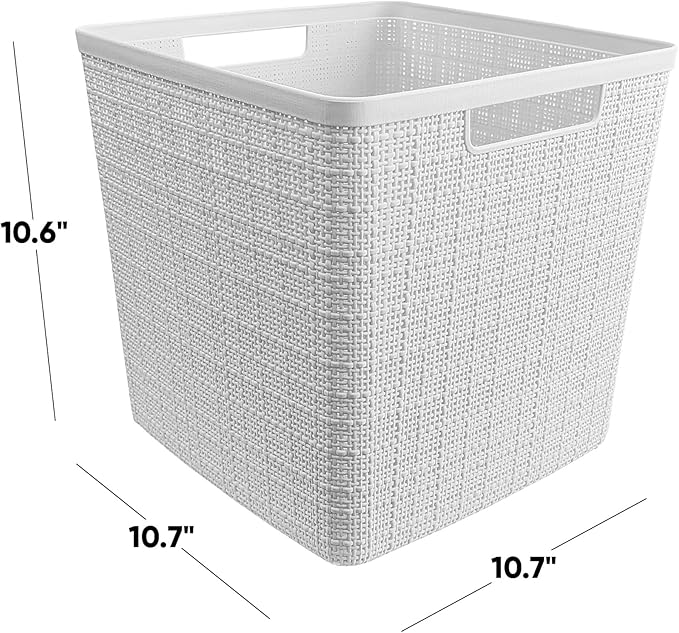 Curver Set of 4 Large Cube 17L Jute Decorative Plastic Organization and Storage Baskets - Perfect Bins for Home Office, Closet Shelves, Kitchen Pantry and All Bedroom Essentials, White