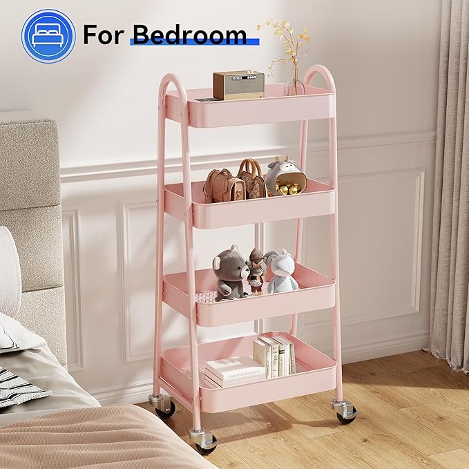 OLIXIS 4 Tier Utility Rolling Cart, Metal Mobile Storage Shelf with Lockable Caster Wheels, Organization for Livingroom, Bathroom & Narrow Places, 4-Tier Pink