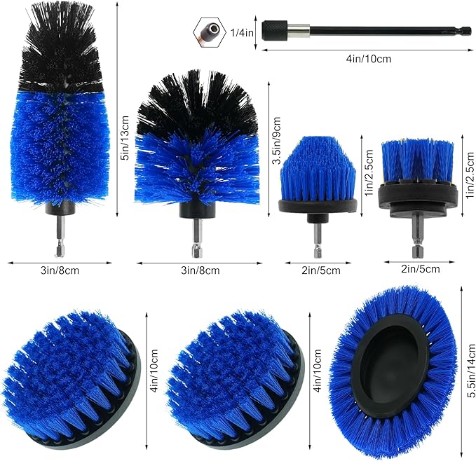 8 Pcs Drill Brush Attachment Set, Power Cleaning Scrub Brush Kit with Extend Long Attachment, All Purpose Drill Scrub Brushes for Car, Grout, Floor, Tub, Bathroom and Kitchen (Blue)