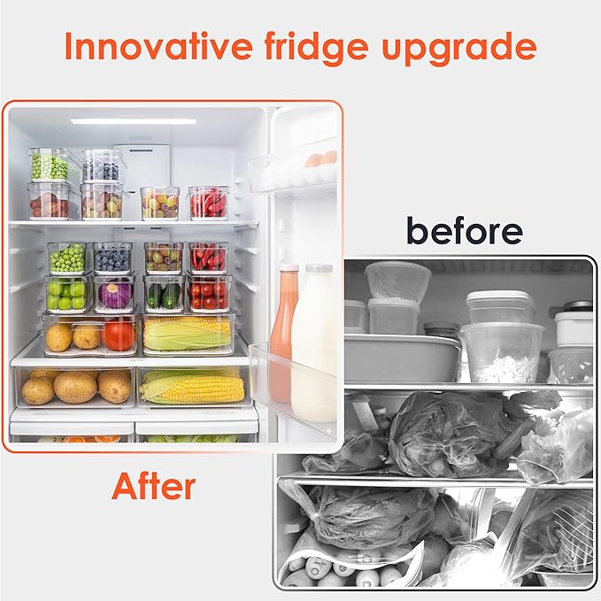 Fridge Organizers and Storage, 10 Pack Clear Freezer Organizer Bins with Lids for Kitchen, Pantry, Refrigerator, Food, Fruit, Vegetable Storage
