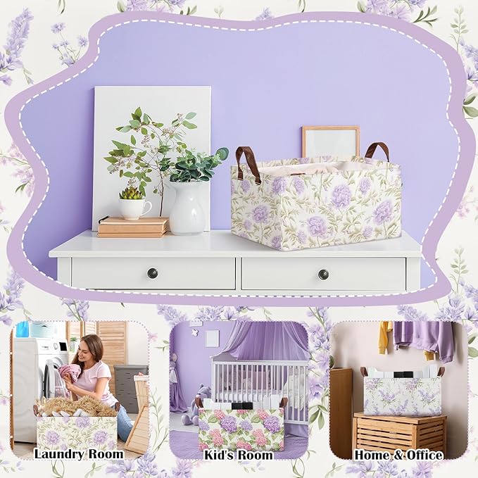 Boao 3 Pcs Purple Floral Storage Bin Wildflowers Collapsible Large Storage Baskets for Gifts Canvas Laundry Basket Foldable Box with Handle for Office Home Bedroom Clothes