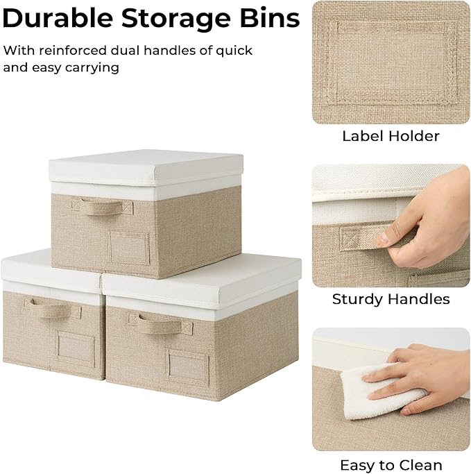 GRANNY SAYS Storage Basket with Lid, Linen Fabric Storage Bins with Label, Decorative Storage Boxes, Clothes Storage and Organization, Memory Keepsake Box, 3-Pack, Khaki&Ivory