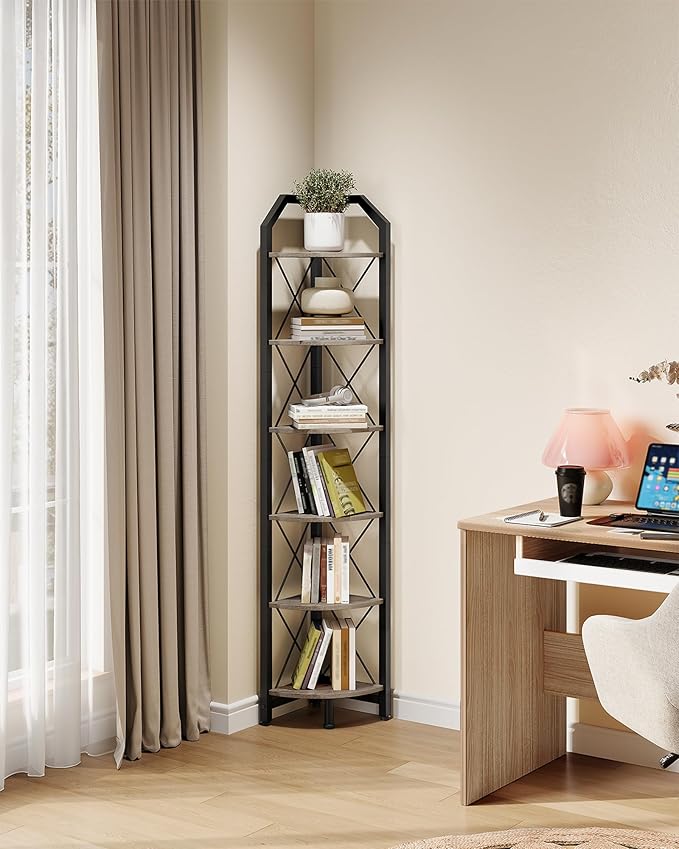 6-Tier Corner Shelf, Industrial Corner Bookshelf, 71.2" Corner Storage Stand, Plant Stand Display Shelf, Corner Bookcase for Bedroom, Living Room, Home Office, Greige and Black TCJ11BG
