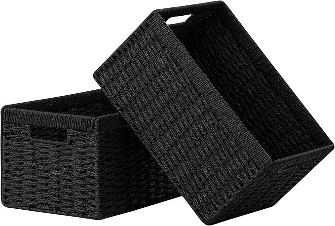 UBBCARE 2 Pack Wicker Basket, 13.4L×8.3H×7.1W inch Woven Paper Rope Storage Baskets for shelves, Foldable Rectangular Storage Baskets with Handle, Storage Basket for Organizing, （Black,2pack Medium）