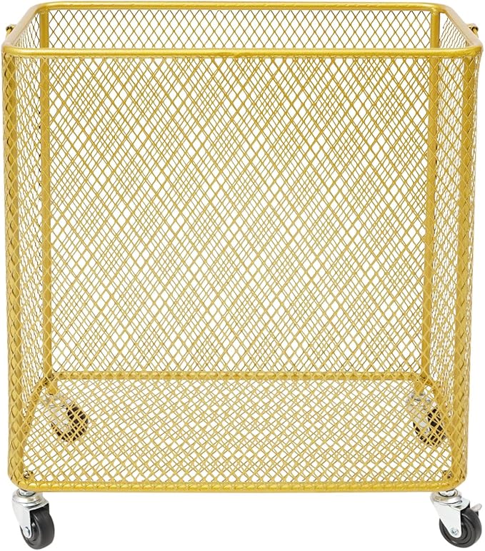 Gold Metal Laundry Basket with Wheels, Rolling Laundry Hamper Cart Gold Mesh Laundry Clothes Sorter Storage Cart Organizer Shelf Basket Durable for Laundry Room