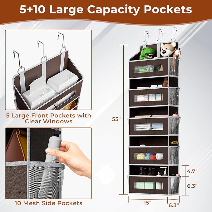 2 Packs 5-Tier Over the Door Storage Organizer with 10 Side Mesh Pockets, 48 lbs Load Capacity, 3 Hooks Design, Hanging Organizer with Clear Windows for Bathroom, Bedroom, Nursery, Kitchen-Brown
