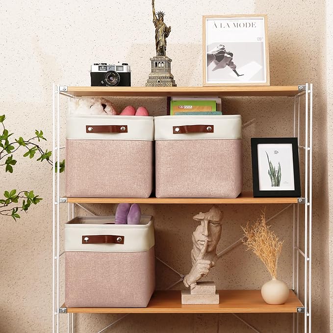 4-Pack Foldable Fabric Storage Cubes 11x11 Inch, Sturdy Cube Organizer Bins with Leather Handles, Storage Baskets for Closet Shelves and Home Organization(White/Pink)